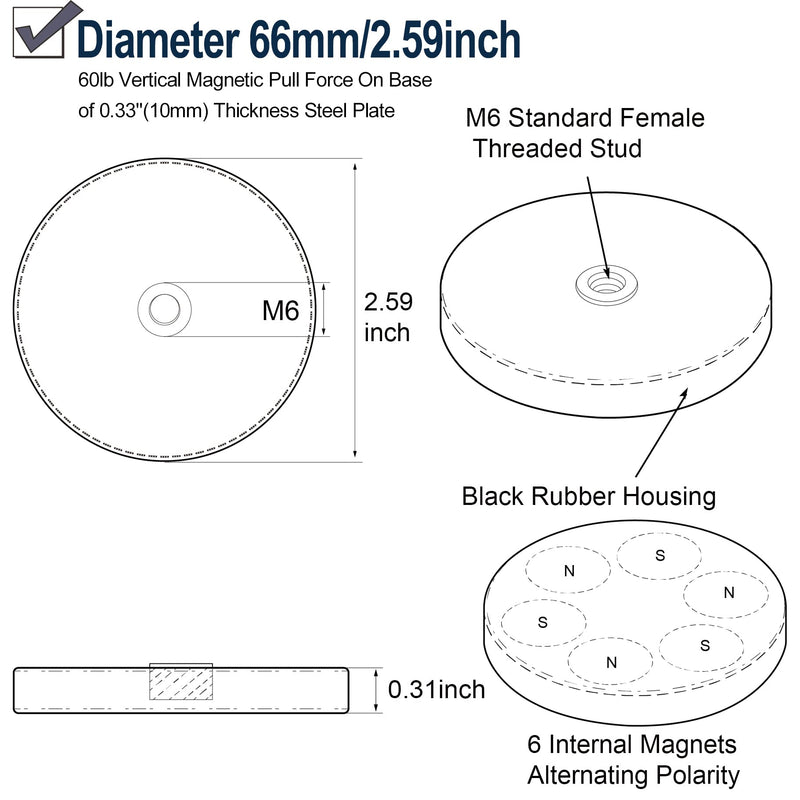  [AUSTRALIA] - ULIBERMAGNET 2Pack Rubber Coated Magnet with M6 Female Thread Stud, Anti-Scratch 60lb Strong Neodymium for Camera, Outdoor Light Bar, Signal Lights and Tools C66 mm # M6 Female Thread 60lb