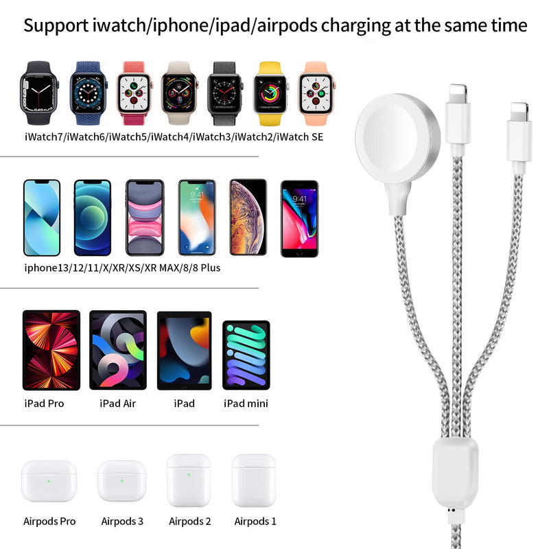  [AUSTRALIA] - 3 in 1 Charger Cable for Apple Watch/iPhone/Airpods, Wireless Watch Charger Compatible with Apple Watch Series 7,6,5,4,3,2,1 and iPhone 13,12,11,Pro,Max,XR,XS,XSX & Pad Series(3.93FT-Grey) Grey