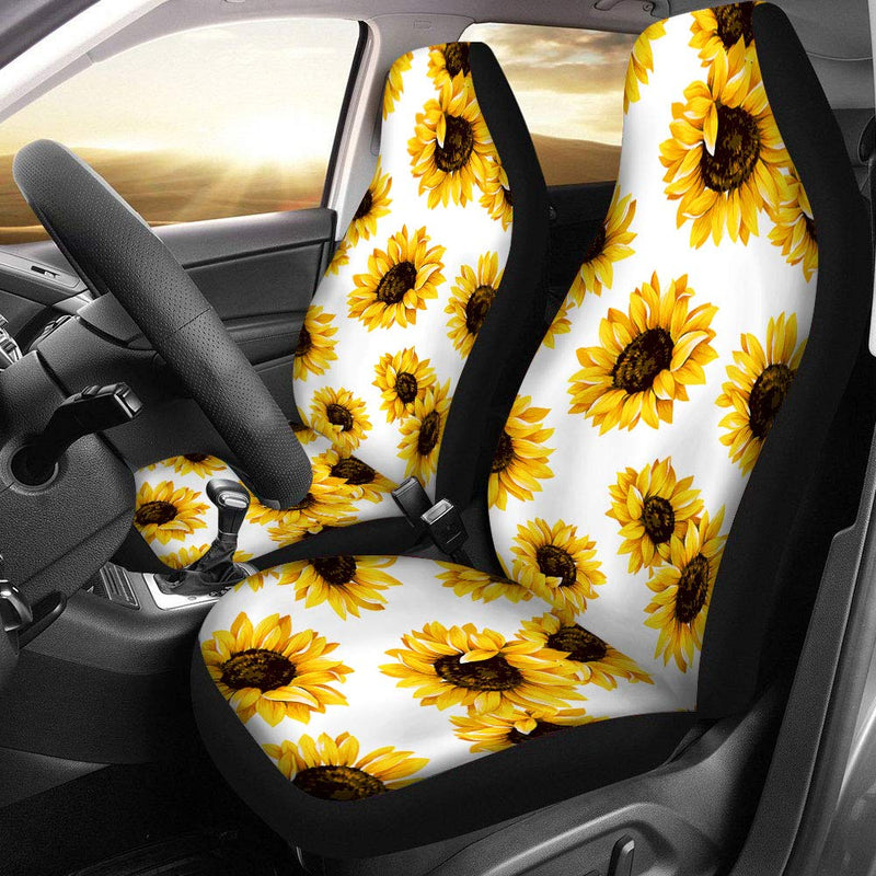  [AUSTRALIA] - POLERO Wonderful Car Seat Covers White Background Sunflower 2pcs Saddle Blanket Elastic Easy Install Remove Washable Cover Durable Soft Comfortable Decorative Protector Fits Most Car Front Seats
