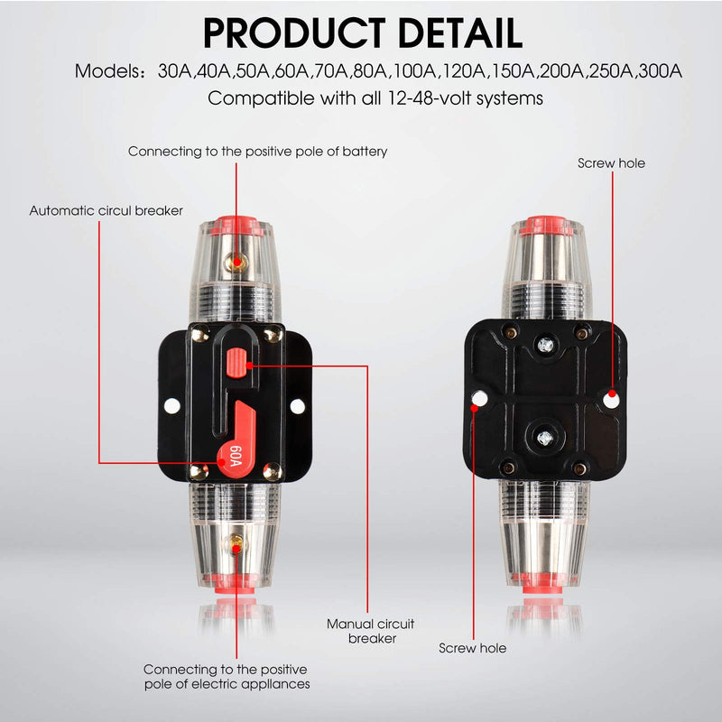  [AUSTRALIA] - M1A2 Circuit Breaker Switch 60A Waterproof Fuse Inline Holder 3-15 AWG Resettable Fuse Manual Reset 12V-48V DC for Car Audio Sound Amplifier System RV Home Marine Boat Truck 60A-with accessories