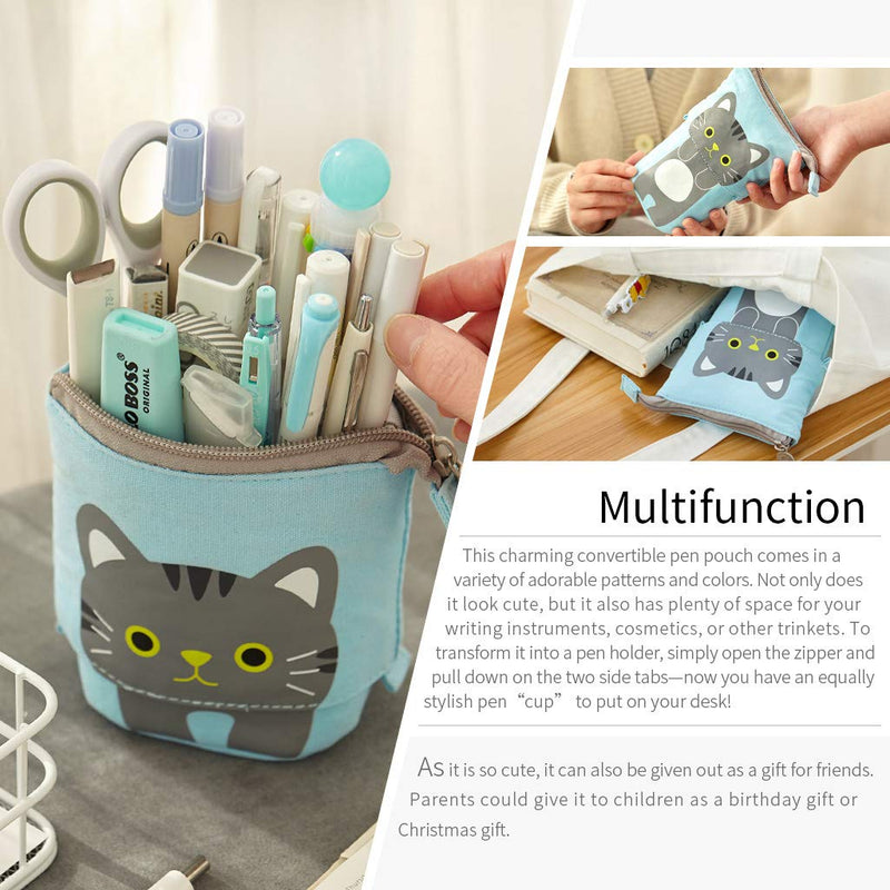  [AUSTRALIA] - EASTHILL Cartoon Cute Cat Pencil Pouch Canvas Pen Bag Standing Stationery Case Holder Box for Student (Blue) Blue-XL