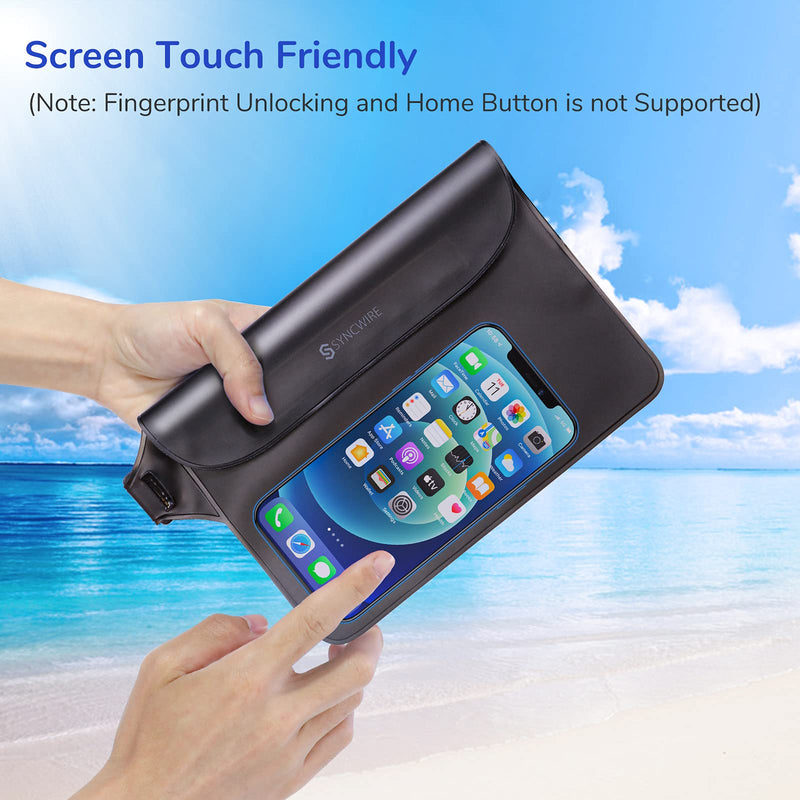  [AUSTRALIA] - Syncwire IPX8 Waterproof Pouch Bag with Adjustable Waist Strap-Screen Touchable Dry Bag with Adjustable Belt for Phone Valuables for Beach Swimming Snorkeling Boating Fishing Kayaking, etc Black +White