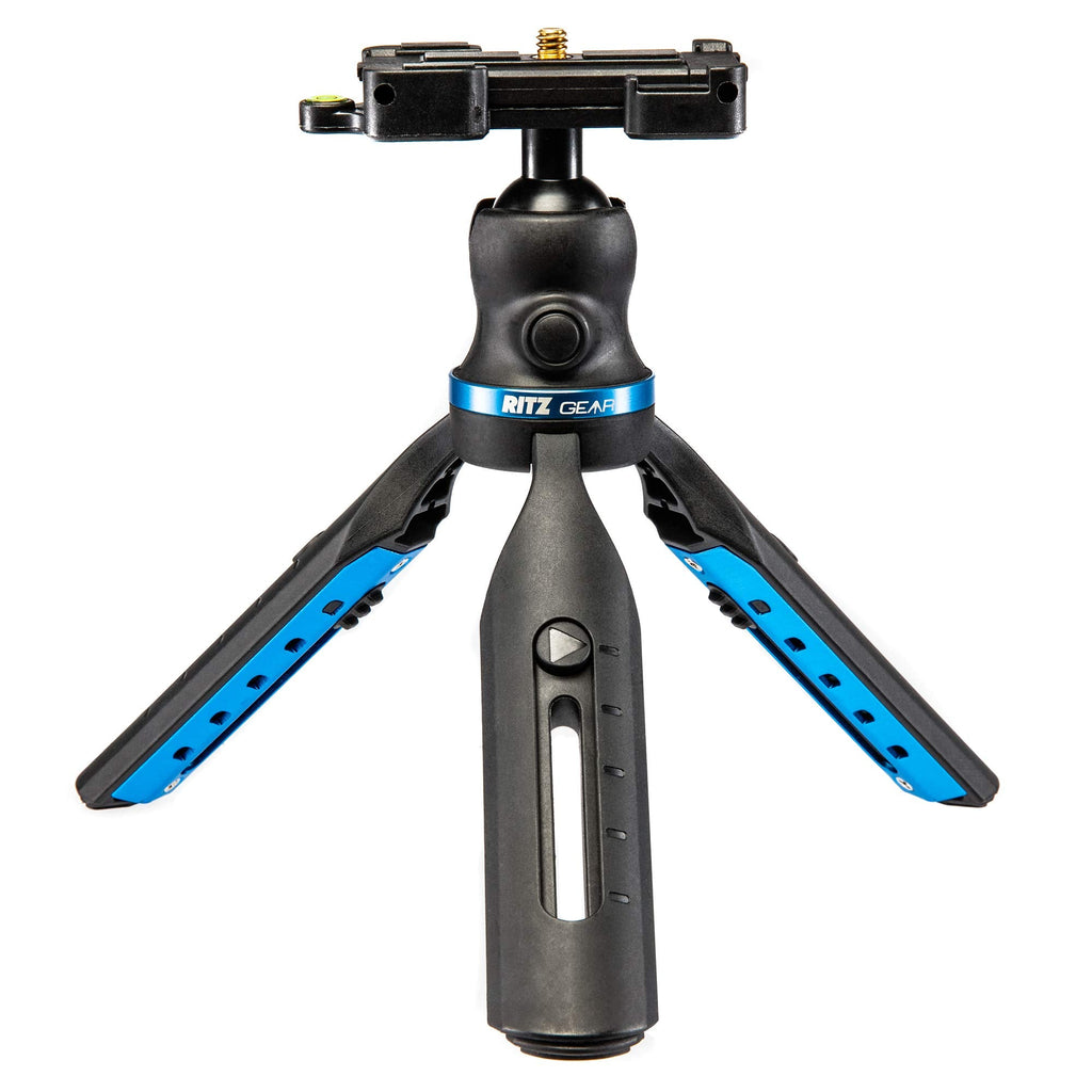  [AUSTRALIA] - Ritz Gear Blue Anodized Aluminum/ABS Height-Adjustable Tabletop Tripod for Cell Phone and DSLR Camera Packet Size standard packaging