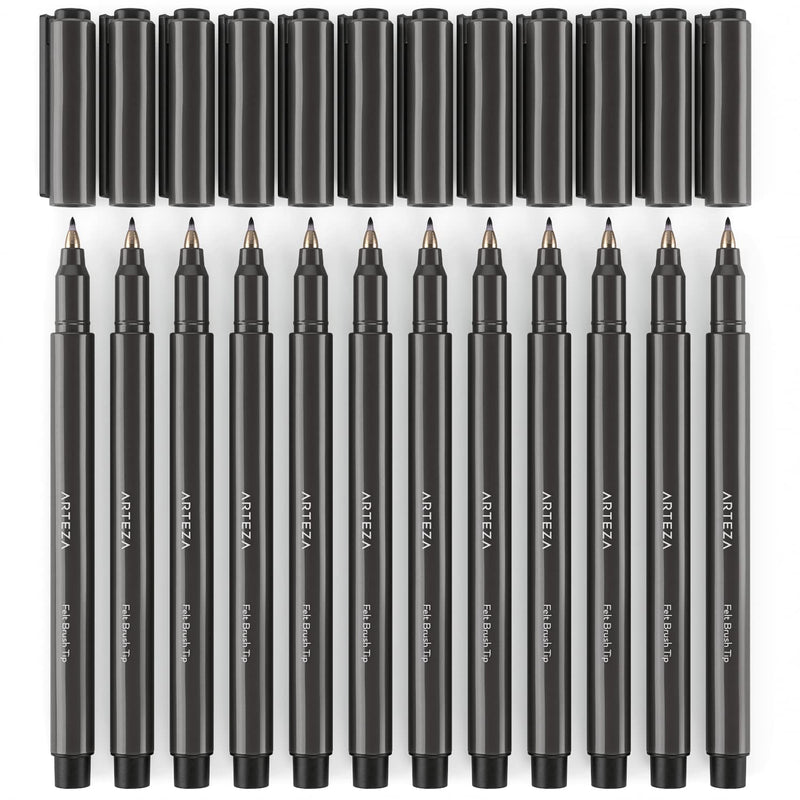  [AUSTRALIA] - Arteza Felt-Tip Brush Pens, Set of 12 Nontoxic Black Marker Pens, Quick-Dry and Smear-Proof, Art Supplies for Sketching, Lettering, and Calligraphy 12 Brush Tip