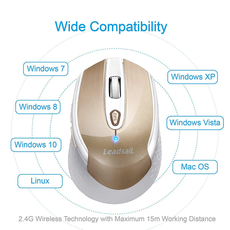 LeadsaiL Wireless Computer Mouse, 2.4G Portable Slim Cordless Mouse Less Noise for Laptop Optical Mouse with 6 Buttons, AA Battery Used, USB Mouse for Laptop, Deskbtop, MacBook (Gold) Gold - LeoForward Australia