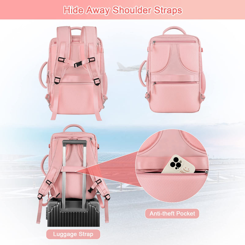  [AUSTRALIA] - Sinaliy Large Travel Backpack for Women, 40L Carry On Backpack, 17 Inch Laptop Backpack, Waterproof Backpack, College Bookbag, Laptop Backpack, Backpack for Women, as Person Item Flight Approved Pink