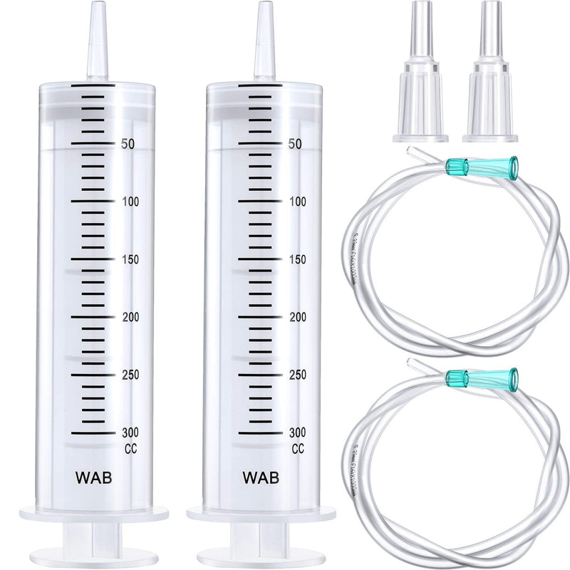  [AUSTRALIA] - BBTO 2 Pieces Large Plastic Syringe with Tube 2 Pieces 40 Inch Handy Plastic Tubing and 2 Pieces Connections for Scientific Lab, Glue Dispensing, Watering, Refilling, Feeding and Measuring (300 ML) 300 ML