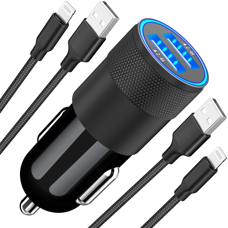  [AUSTRALIA] - [Apple MFi Certified] iPhone Fast Car Charger, Braveridge 4.8A Dual USB Power Rapid Car Charger with 2 Pack Lightning Braided Cable Quick Car Charge for iPhone 14 13 12 11 Pro Max/XS/XR/X/iPad/AirPods Black