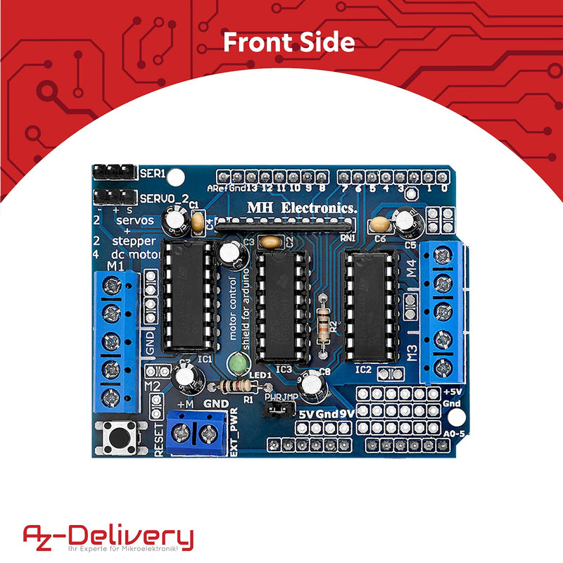  [AUSTRALIA] - AZDelivery 5 x L293D Motor Driver Shield, 4-channel motor driver shield, stepper motor driver, stepper expansion board compatible with Arduino including e-book!