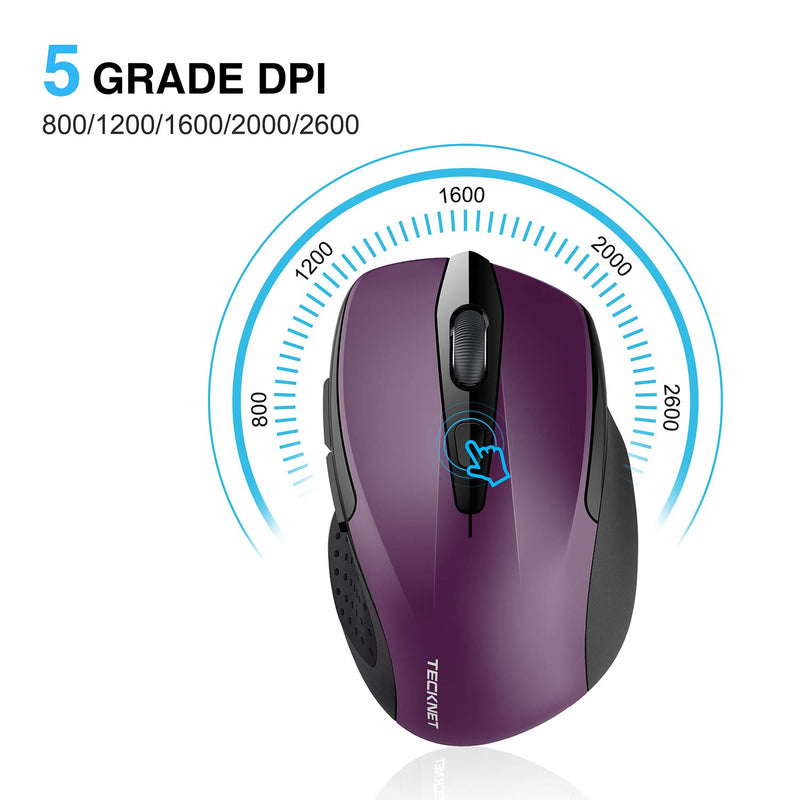  [AUSTRALIA] - TECKNET Pro 2.4G Ergonomic Wireless Optical Mouse with USB Nano Receiver for Laptop,PC,Computer,Chromebook,Notebook,6 Buttons,24 Months Battery Life, 2600 DPI, 5 Adjustment Levels Purple