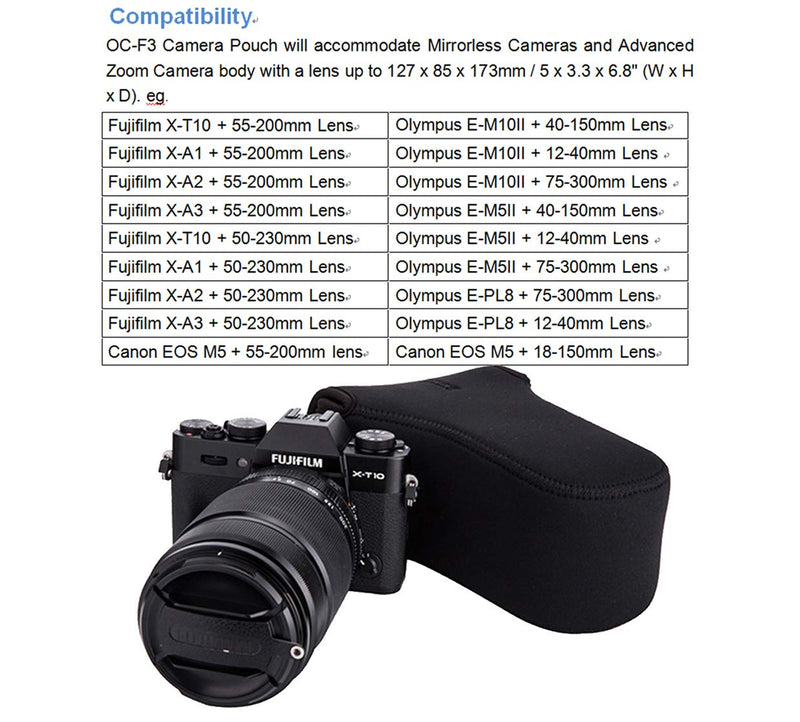  [AUSTRALIA] - JJC Black Ultra Light Neoprene Camera Case for Fujifilm Fuji X-T100 X-T30 X-T20 X-T10 +50-200mm/50-230mm Lens, Pouch Bag for Olympus E-PL8 E-M5II E-M10 II, Canon M50 M5 with Telephoto lense OC-F3
