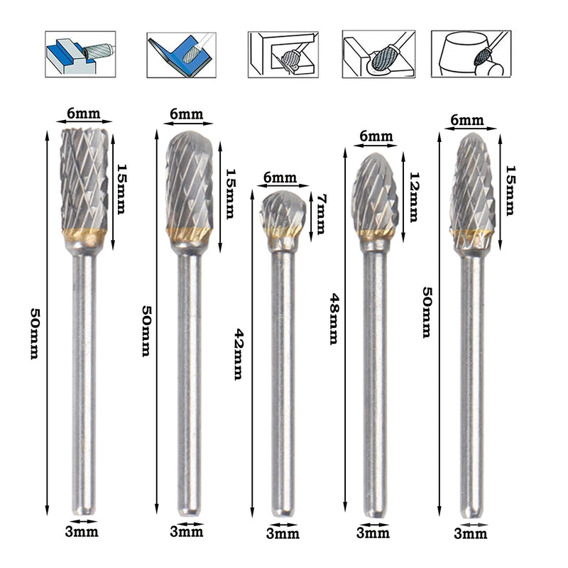 Double Cut Tungsten Carbide Rotary Burr for Woodworking 10pcs Set Metal Carving Drilling Polishing Bits with 3mm about 1/8" Shank and 1/4"(6.35mm) Head Dia for Die Grinder Muye - LeoForward Australia