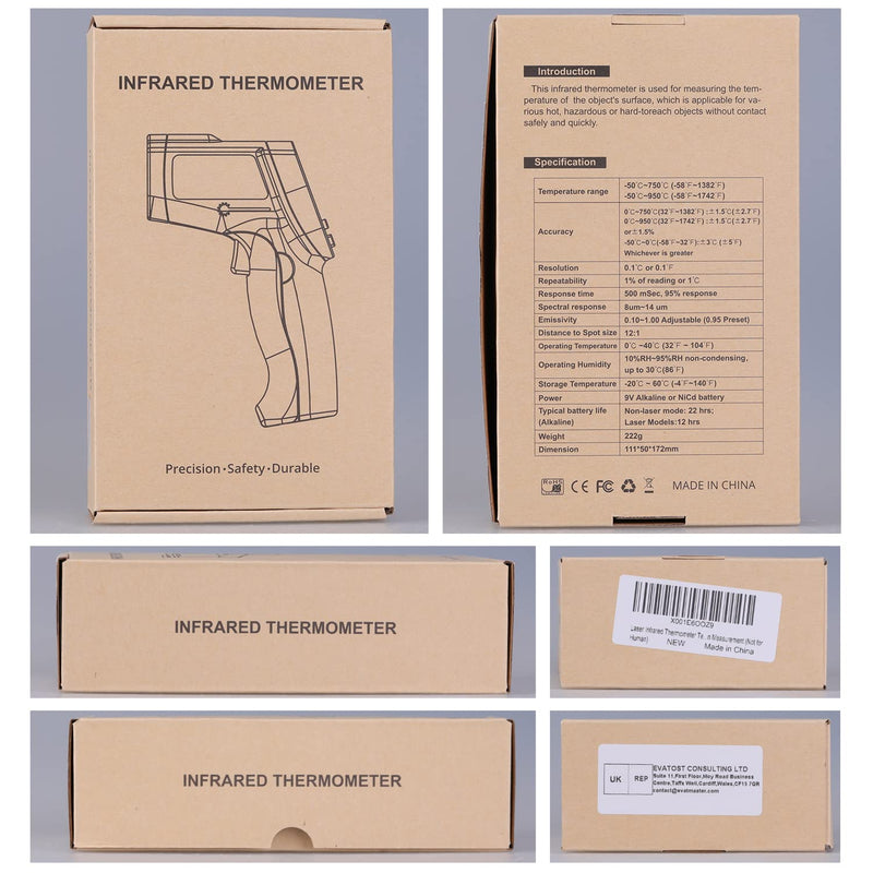  [AUSTRALIA] - Laser infrared thermometer temperature gun for measuring high temperatures -50°C ~ 950℃, data storage, max/min measurement (not for humans) -50～950℃ gray