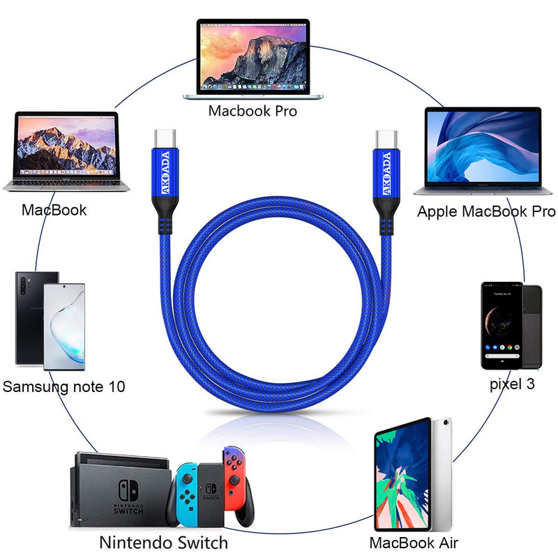AkoaDa USB-C To USB-C 100W Cable 10ft,USB C Braided Fast Charging Cable Compatible With MacBook Pro 2020/2019/2018, iPad Pro 2020/2019/2018,Samsung Galaxy S21, Dell XPS 13/15 And Type-C Laptops (Blue) Blue - LeoForward Australia