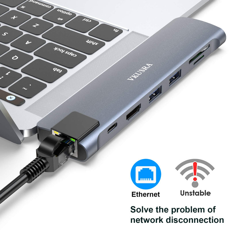  [AUSTRALIA] - USB C Hub for MacBook Pro Air, VKUSRA MacBook Dongle Multiport Adapter with 4K HDMI, Gigabit Ethernet, 100W PD, 3 USB 3.0, TF/SD Card Reader for MacBook Pro/Air 13"-16" Grey