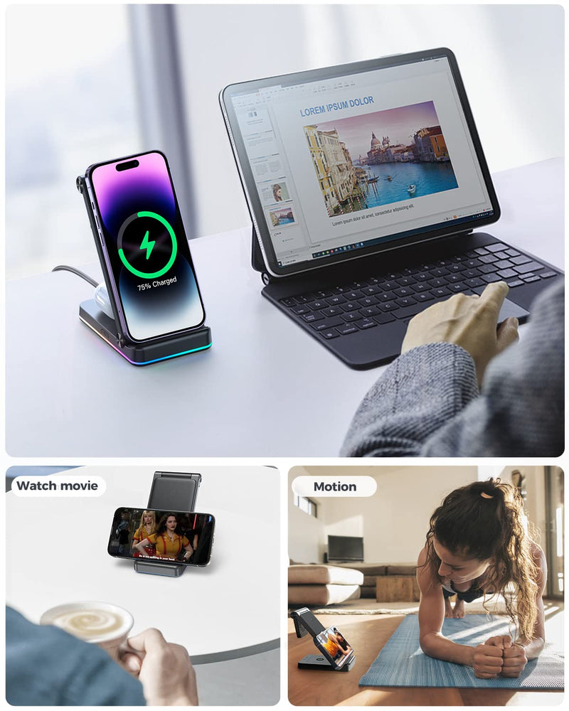  [AUSTRALIA] - 3 in 1 Wireless Charging Station, JOYROOM【Foldable & Double Coil】 Foldable Wireless Charger Compatible with iPhone14/13 Series, Apple Watch Ultra/8/7/6/5, and Airpods Pro/2nd/3