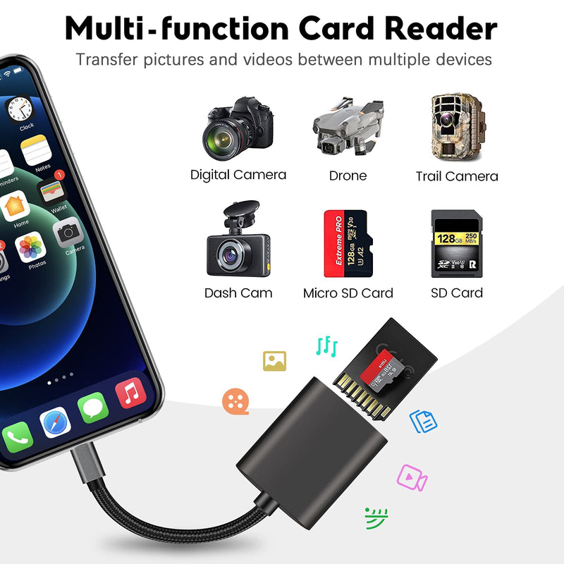  [AUSTRALIA] - SD Card Reader for iPhone iPad, Memory Card Reader for Digital and Sports Camera and Drone, iPhone SD Card Adapter Support Charging and Card Reading, SD TF Dual Slots, Plug and Play, No APP Required