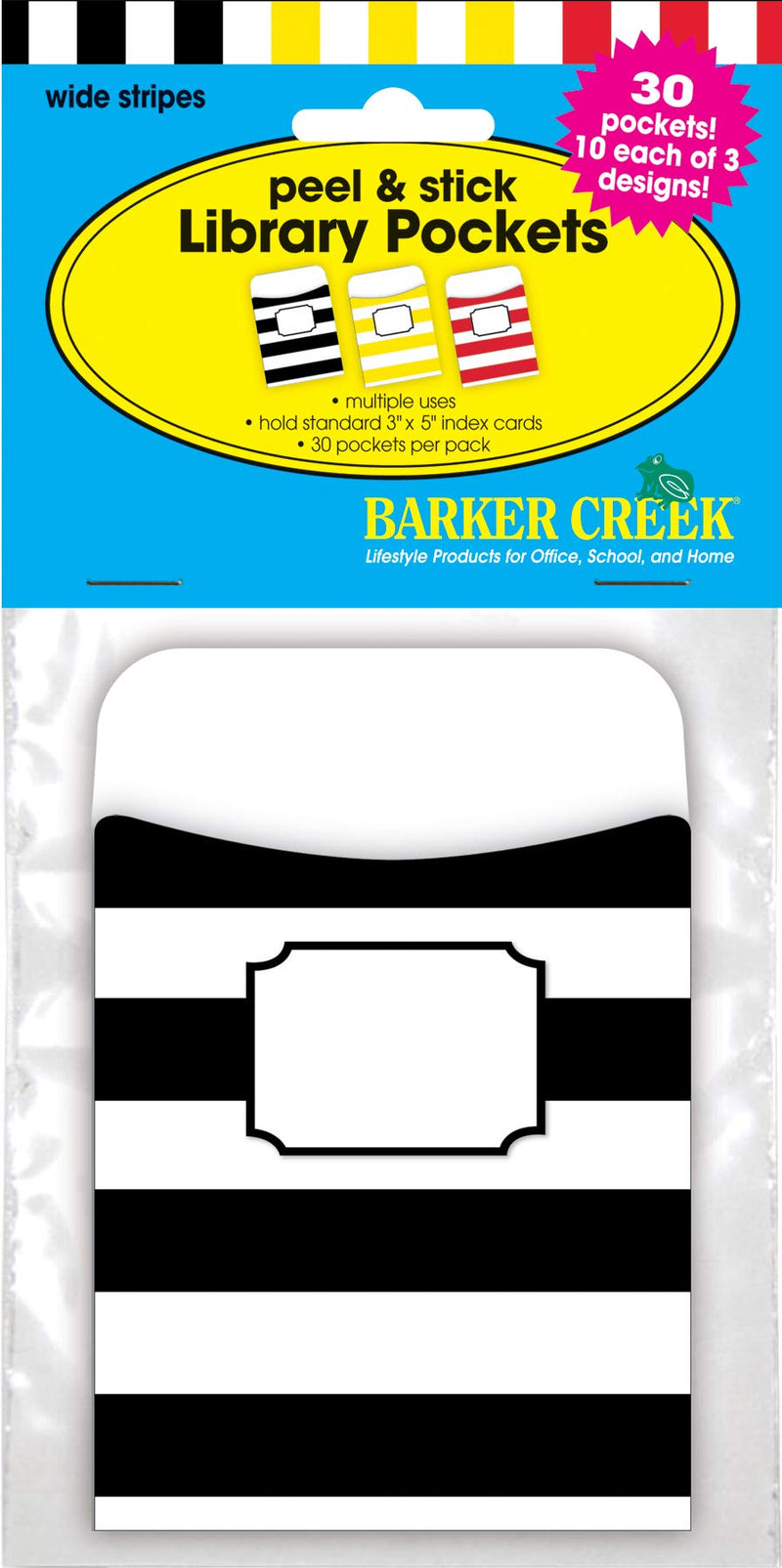 [AUSTRALIA] - Barker Creek Peel & Stick Library Pockets, Wide Stripes, 3 Designs, Great for Holding Library, Index, and Flash Cards, Hall Passes, Recipes, and More! 3-1/2" x 5-1/8", 30 per Pkg (1246)