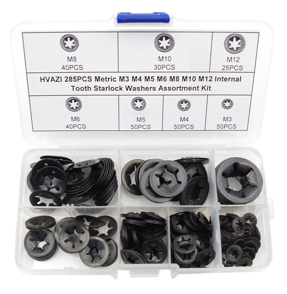  [AUSTRALIA] - HVAZI 285PCS Metric M3 M4 M5 M6 M8 M10 M12 Internal Tooth Starlock Washers Assortment Kit;External Push Rings; Push On Washers