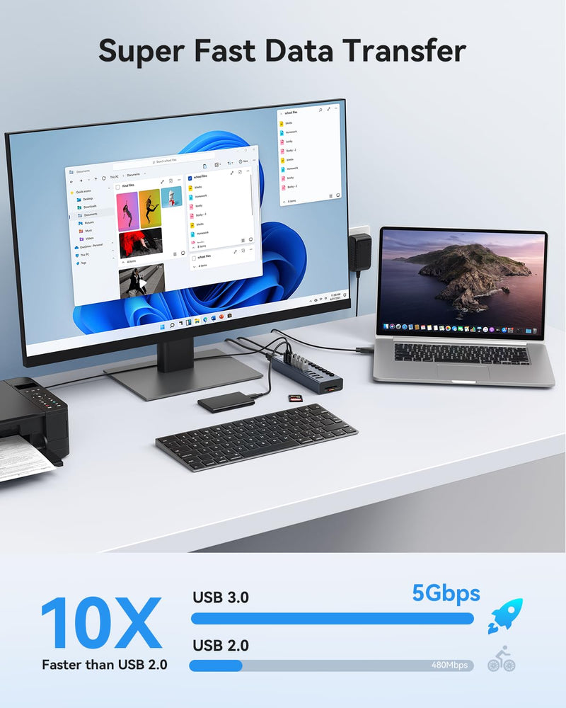  [AUSTRALIA] - Powered USB 3.0 Hub, Wenter 10 Ports 36W Powered USB Hub, Aluminum USB Splitter with Individual On/Off Switches, SD/TF Card Readers and 12V/3A Power Adapter for PC, Laptops, MacBook Pro, iMac, iPad Aluminum 10 Ports