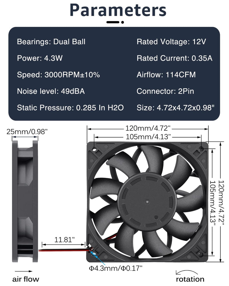  [AUSTRALIA] - GDSTIME 120mm Case Fan, Increase Air Pressure Fan, 120mm x 25mm 12V Dc Brushless Cooling Fan Dual Ball Bearings Long lifespan