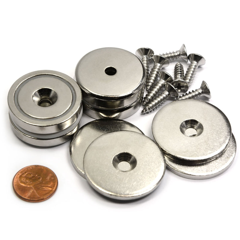 CMS Magnetics Neodymium Cup Magnets with countersunk Hole 88 LBS Pulling Power Capacity Each - Dia 1.26" - w/Matching Strikers and Screws - Strongest Round Base Magnets 4 Pack - LeoForward Australia