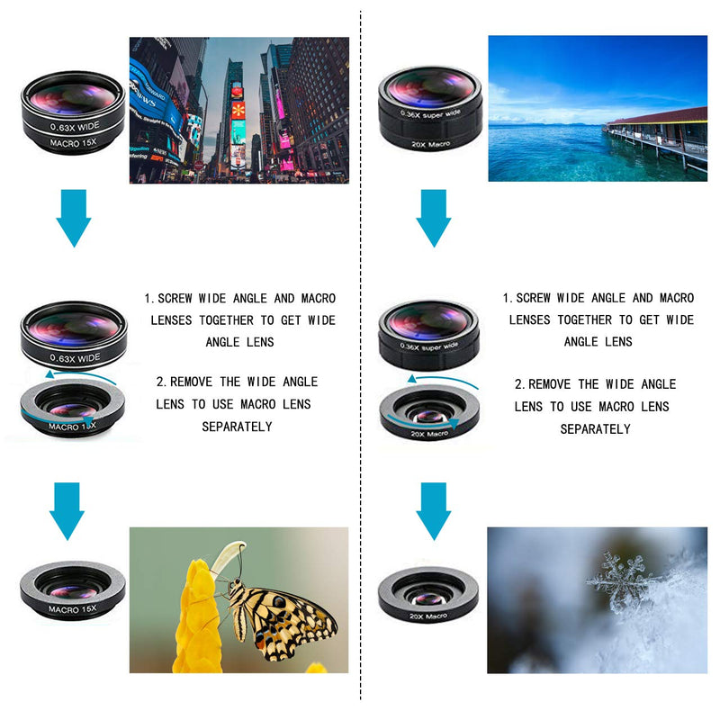  [AUSTRALIA] - KEYWING Phone Lens Kit 9 in 1 Phone Camera Lens, Zoom Lens+198° Fisheye +0.35X Super Wide-Angle + 20X Macro Lens + 0.63X Wide Lens + CPL +Kaleidoscope Lens +Starburst for iPhone Samsung Android 9 in 1 phone lens