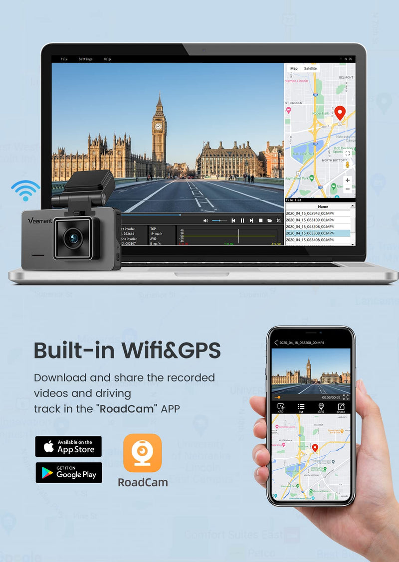  [AUSTRALIA] - Veement 4K Dash Cam Front and Rear, Front 4K/2.5K Rear 1080P Dual Dash Camera for Cars, Dashcams with Built-in WiFi GPS, 3 inch IPS Display, WDR, Night Vision, 170°FOV, G-Sensor, Support 256GB Card Sliver