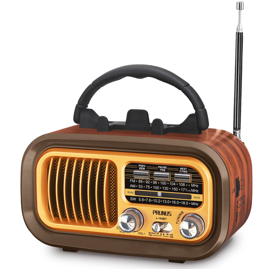  [AUSTRALIA] - PRUNUS J-150 Small Retro Vintage Radio Bluetooth, Portable Radio AM FM Transistor, D Battery Operated Radio/USB Rechargeable Radio, TWS, Support TF Card/USB Playing