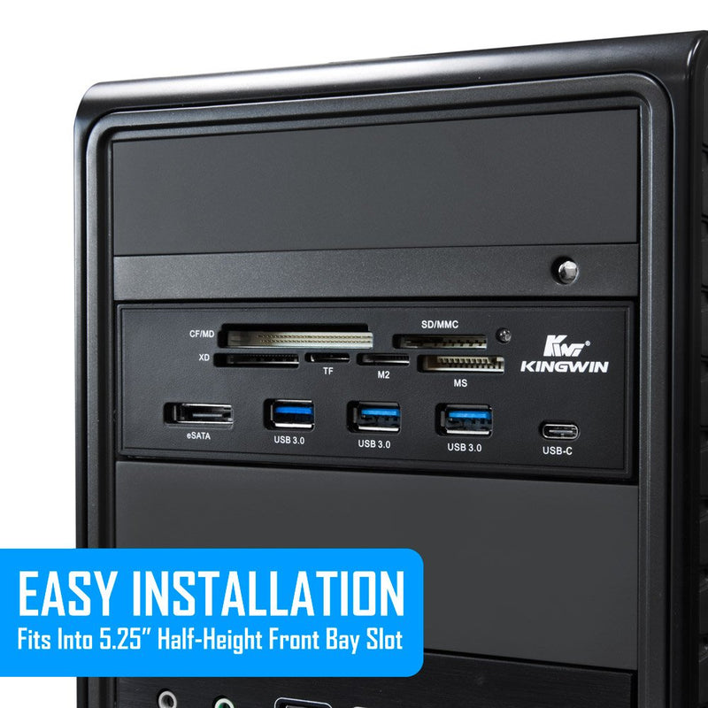  [AUSTRALIA] - Kingwin Powered USB Hub 3.0 w/ 1 USB-C Port, SD Card Reader & Micro SD Card Reader - Sata Power Port w/Lightning Speed Data Transfer Up to 5Gbps - 5.25" Computer Case Front Bay, black (KW525-3U3CR)