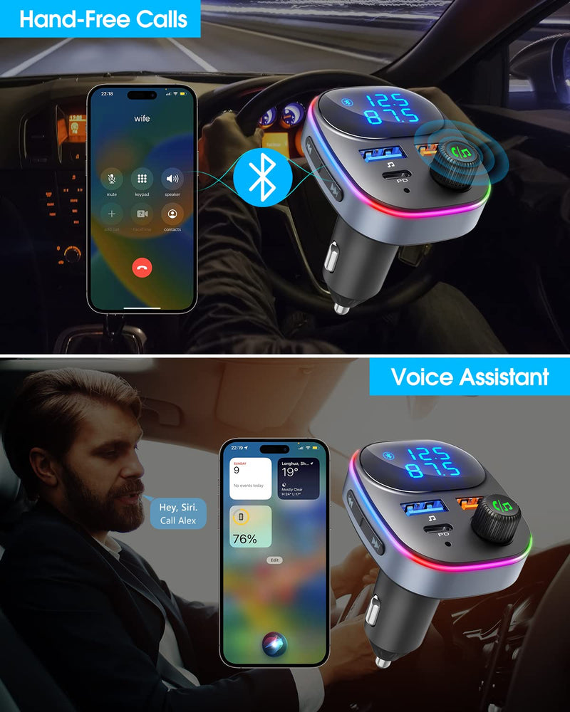  [AUSTRALIA] - Bluetooth 5.3 FM Transmitter for Car Radio [2023 New],Wireless Bluetooth FM Transmitter with PD 20W and QC 3.0 Fast Charging, Hands-Free & Voice Assistant, HD Display Screen, and 7-Color LED Lights Black