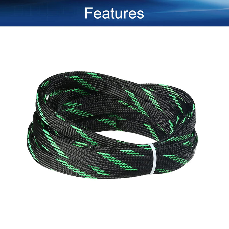  [AUSTRALIA] - Bettomshin 1Pcs Length 16.4Ft PET Braided Cable Sleeve, Width 10mm Expandable Braided Sleeve for Sleeving Protect Electric Wire Electric Cable Black Fluorescent Green