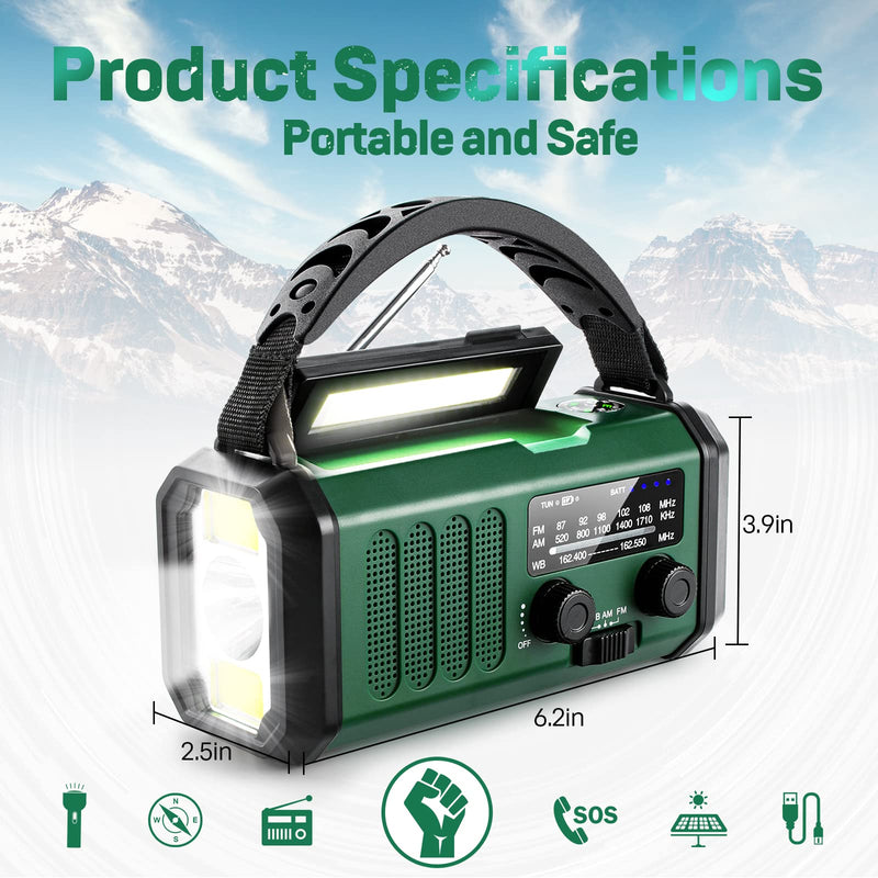  [AUSTRALIA] - Aivica 10000mAh Emergency Radio, NOAA Weather Radio, AM/FM,Huge Power Bank, Solar, Hand Crank, Type-C Charge, SOS, 3 Modes LED Torch，Reading Lamp, Compass for Camping Outdoor