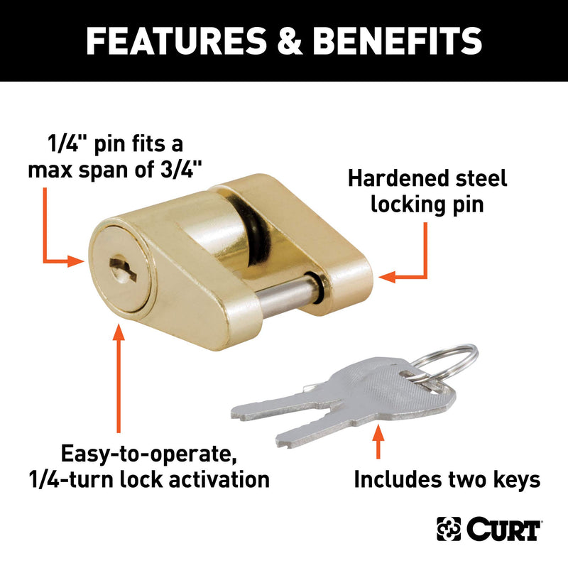  [AUSTRALIA] - CURT 23022 Brass-Plated Steel Trailer Tongue Coupler Lock, 1/4-Inch Pin Diameter, Up to 3/4-Inch Coupler Span