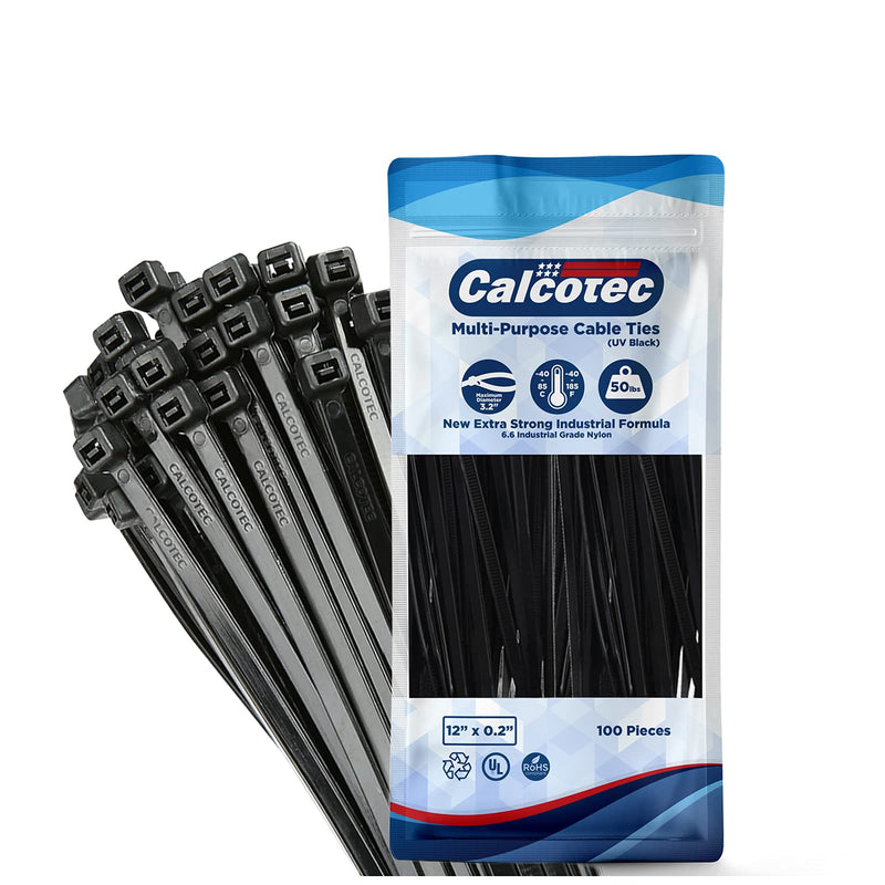  [AUSTRALIA] - 100 Black Zip Ties | Self-Locking Cable Ties | Ultra Strong 6.6 Nylon | 12" long / 0.2" wide