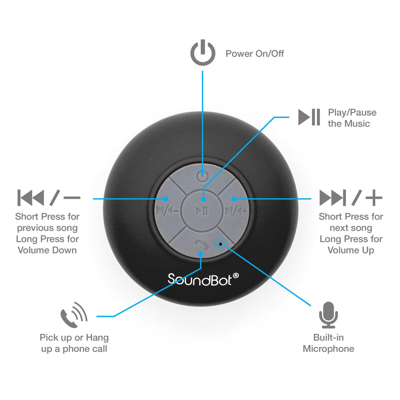  [AUSTRALIA] - SoundBot SB510 HD Water Proof Bluetooth 4.0 Speaker, Mini Water Resistant Wireless Shower Speaker, Handsfree Portable Speakerphone with Built-in Mic BLK
