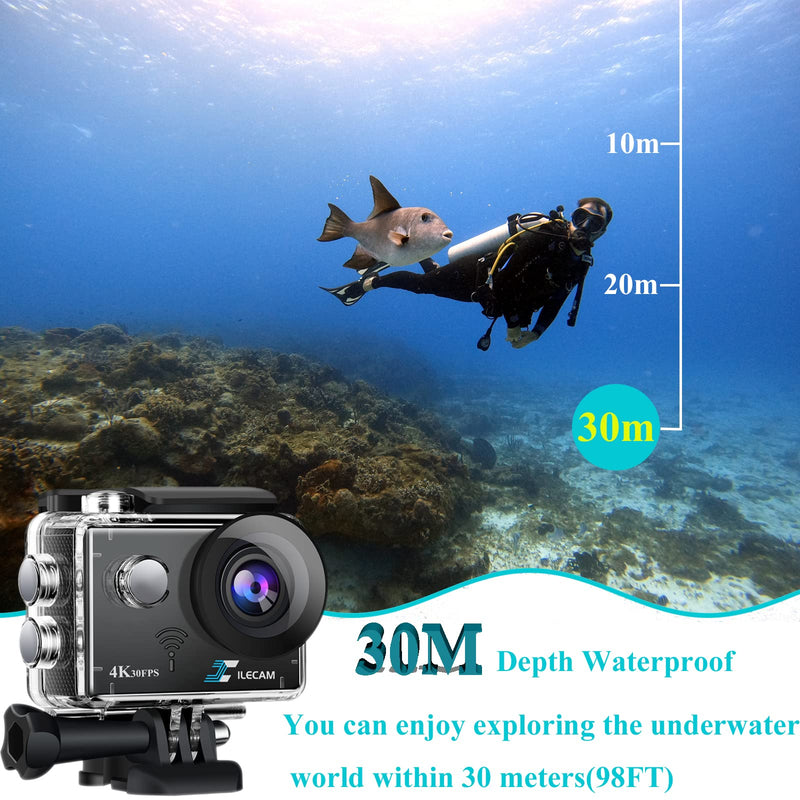  [AUSTRALIA] - Action Camera 4K 30FPS, WiFi, Waterproof Camera Underwater 98ft，170 Degree Wide Angle Sports Camera，2*Battery and Multifunctional Accessories Package (4K)