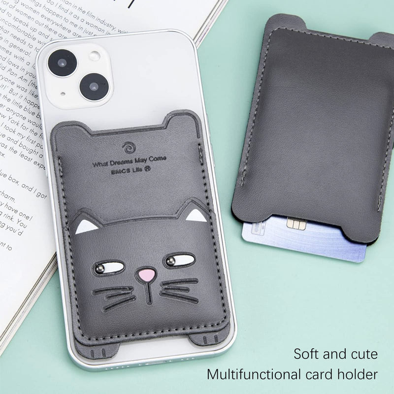  [AUSTRALIA] - Cell Phone Wallet,Gray Leather Cute Kitty, Secure Card Holder for iPhone, Android & Smartphones,Premium Leather,Adhesive Sleeve Pocket,Minimalist Design