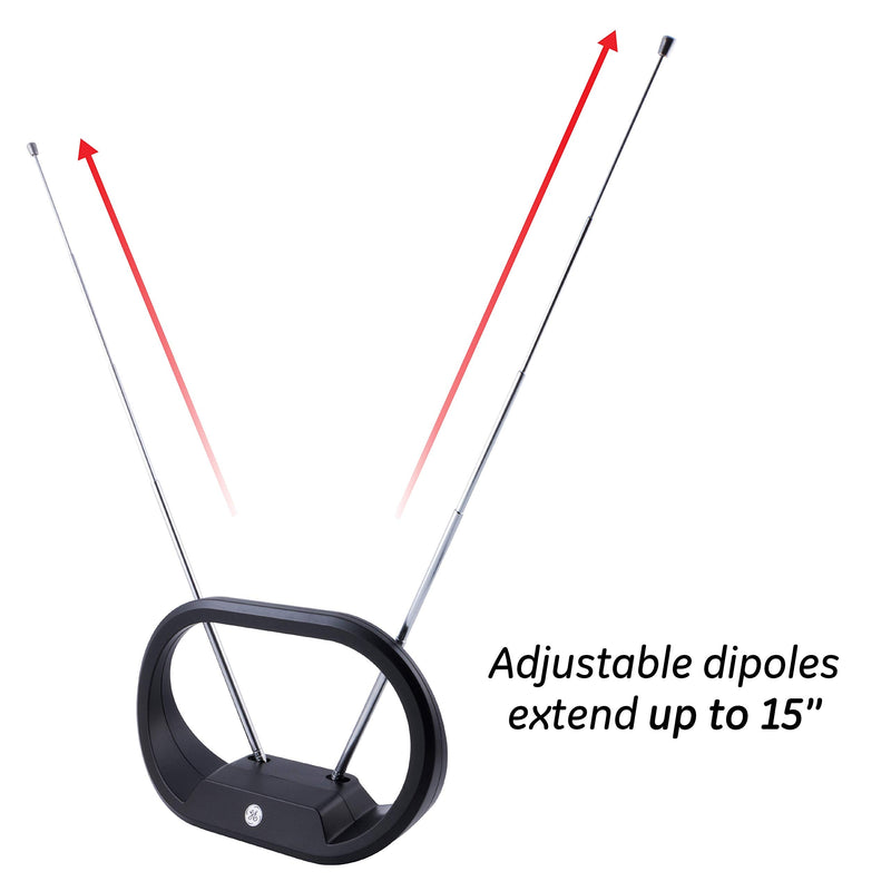  [AUSTRALIA] - GE Modern Loop Rabbit Ears Indoor TV Antenna, 15 inch Extendable Dipoles, 4K 1080P VHF UHF, Tabletop Antenna, Digital HDTV Antenna, Smart TV Compatible, 4ft Coaxial Cable, Black, 33675 Modern Loop Design
