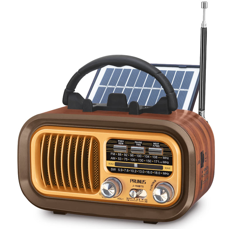  [AUSTRALIA] - 【2023 Newest】 PRUNUS J-150 Small Retro Vintage Radio Bluetooth, Portable Radio AM FM Transistor with Best Sound, Solar/Battery Operated Radio/Rechargeable Radio, TWS, Support TF Card/USB Playing