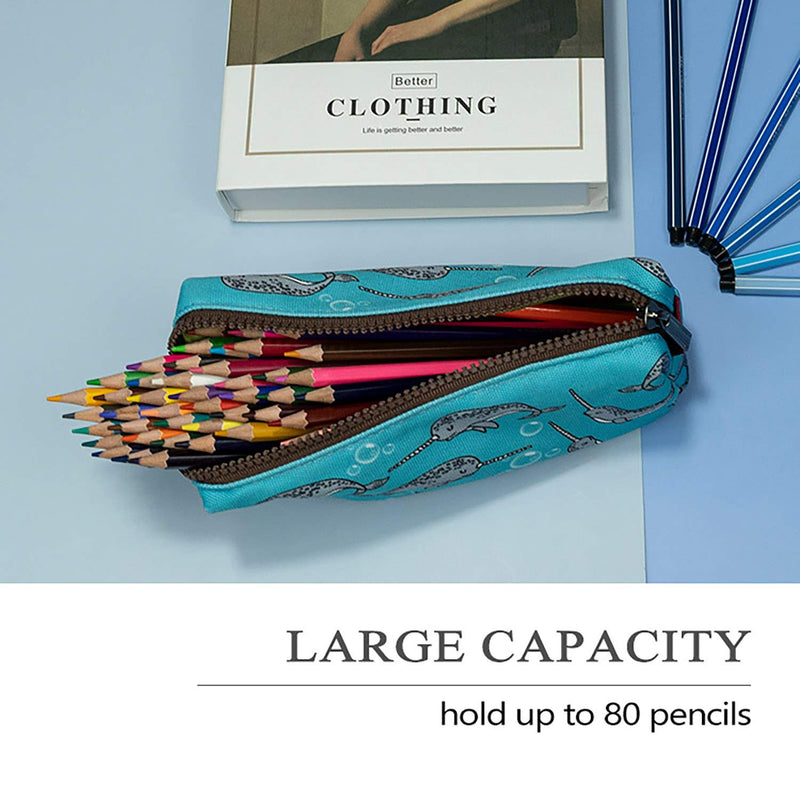 LParkin Cute Narwhal Canvas Pencil Case Pen Bag Pouch Stationary Case Gadget Makeup Cosmetic Bag Box Blue - LeoForward Australia