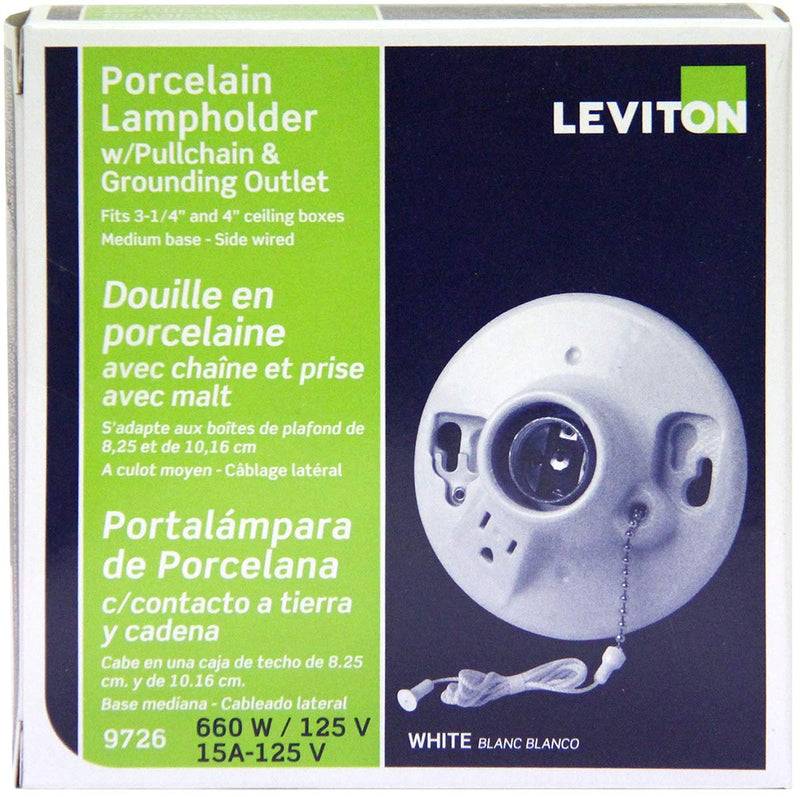  [AUSTRALIA] - Leviton 9726-C One-Piece Glazed Porcelain Outlet Box Mount, Incandescent Lampholder, Pull Chain, Top Wired, White 1 Pack