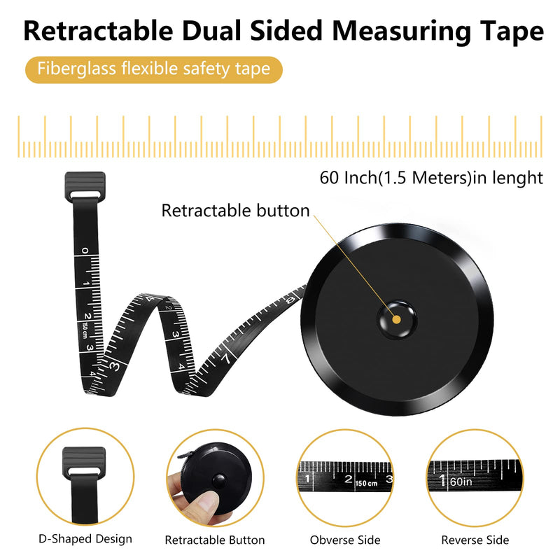  [AUSTRALIA] - 3 Piece Measuring Tape for Body 60 Inch(150cm) - 2 Retractable Measuring Tape for Body Accurate Way to Track Weight Loss Muscle Gain by One Hand, Easy Body Tape Measure Black White