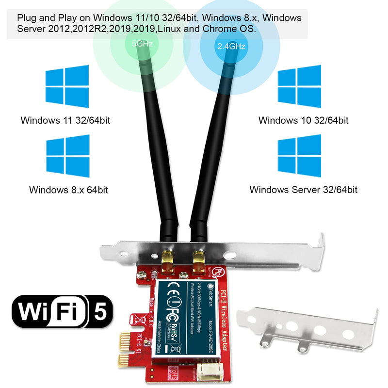  [AUSTRALIA] - FebSmart Wireless AC 1200Mbps PCIE Wi-Fi Card with WiFi Stereo Adapter for Windows 11,10 (32/64bit), Windows 8.1 64bit and Windows Server 2012, 2012R2, 2016, 2019 Desktop PCs (FS-AE120SE)