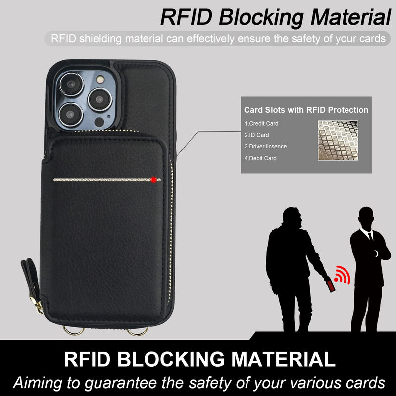  [AUSTRALIA] - Bocasal RFID Blocking Wallet Case for iPhone 14 Pro Max, Adjustable Crossbody Zipper Purse Case Card Holder with Kickstand Detachable Wrist Strap, PU Leather Flip Folio Case 6.7 Inch 5G (Black) Black