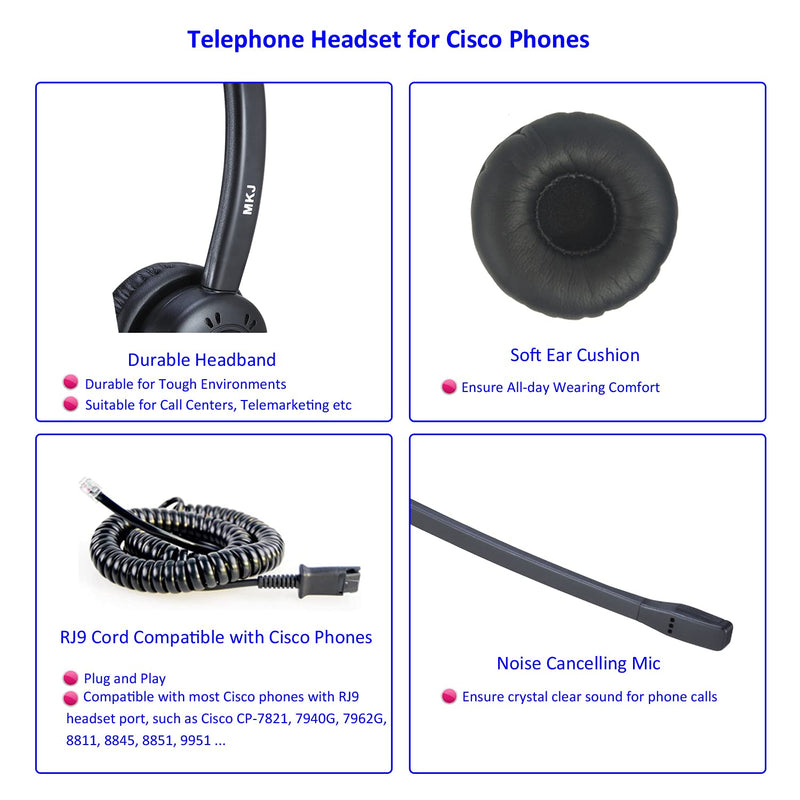  [AUSTRALIA] - MKJ Telephone Headset with Microphone Wired Headphones with Noise Cancelling Mic for Call Center Office Corded RJ9 Desk Phone Headset for Cisco 7821 7841 7861 7942G 7945G 7962G 7975G 8841 8865 9971