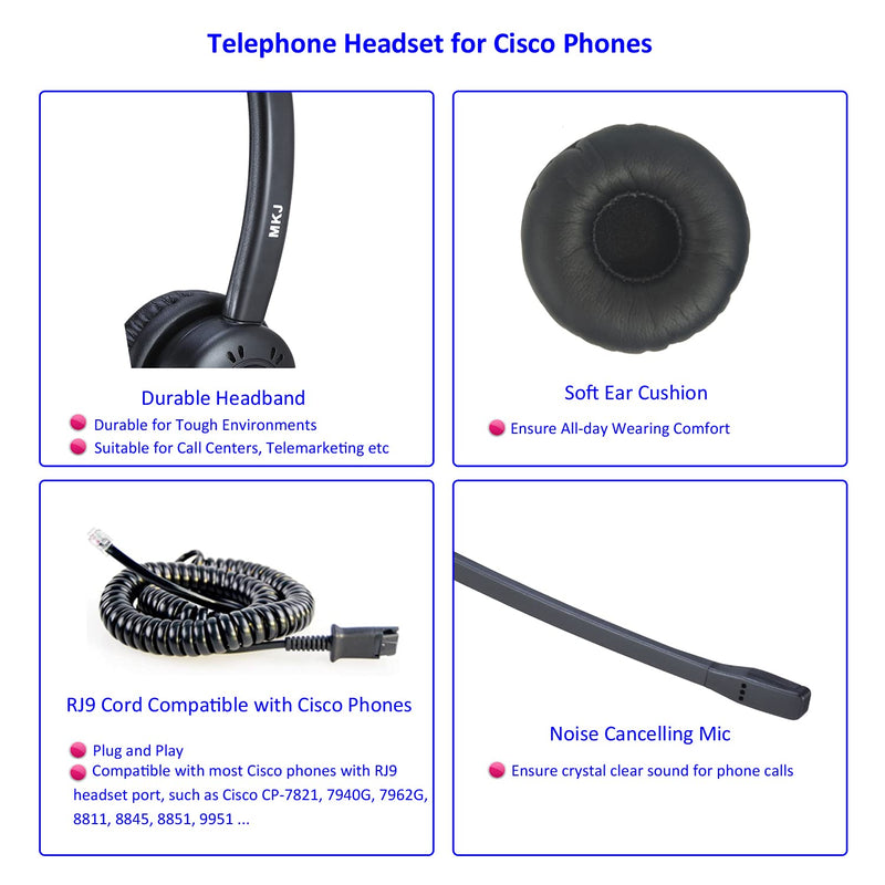  [AUSTRALIA] - MKJ Cisco Telephone Headset with Microphone Noise Canceling Corded RJ9 Call Center Office Phone Headset for Cisco CP-7861 7942G 7941G 7945G 7960 7961G 7962G 7965G 7971G 7975G 8841 8861 9951 9971