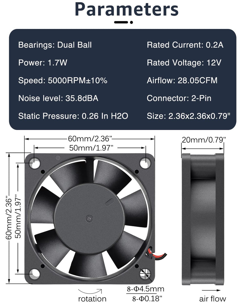  [AUSTRALIA] - GDSTIME Dual Ball Bearing 60mm x 60mm x 20mm 12v Brushless DC Cooling Fan