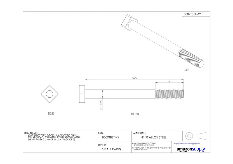  [AUSTRALIA] - Te-Co 46260 Black Oxide 4140 Steel T-Bolt, 3/8"-16 TPI, 1" Thread Length, 1-1/2" Length, 11/16" x 11/16" x 1/4" Head, 3/8" Table Slot (Pack of 2) #10-12 Partially Threaded 1 1/2 Inches