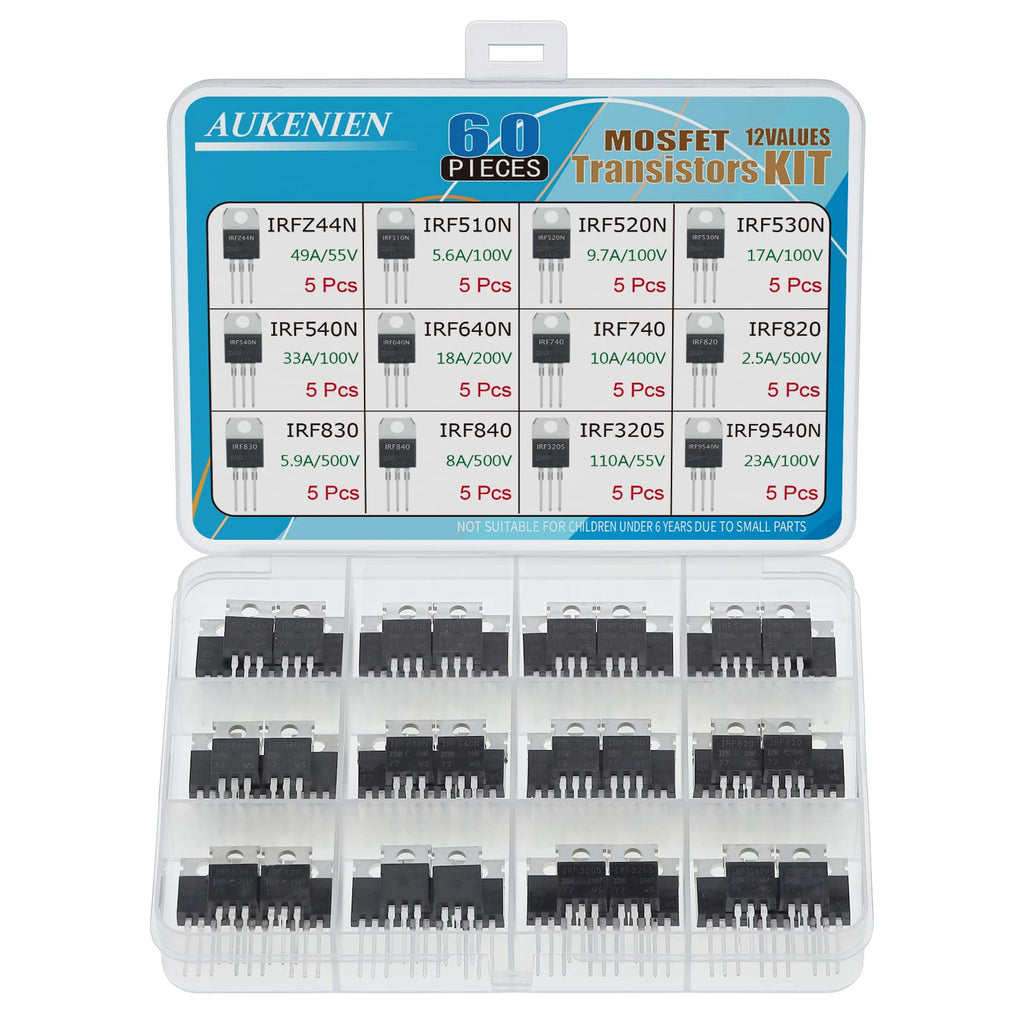  [AUSTRALIA] - AUKENIEN Mosfet Transistor Kit 12 Values 60 Pieces IRFZ44N IRF510N IRF520N IRF530N IRF540N IRF640N IRF740 IRF820 IRF830 IRF840 IRF3205 IRF9540N TO-220 Mosfet Transistors